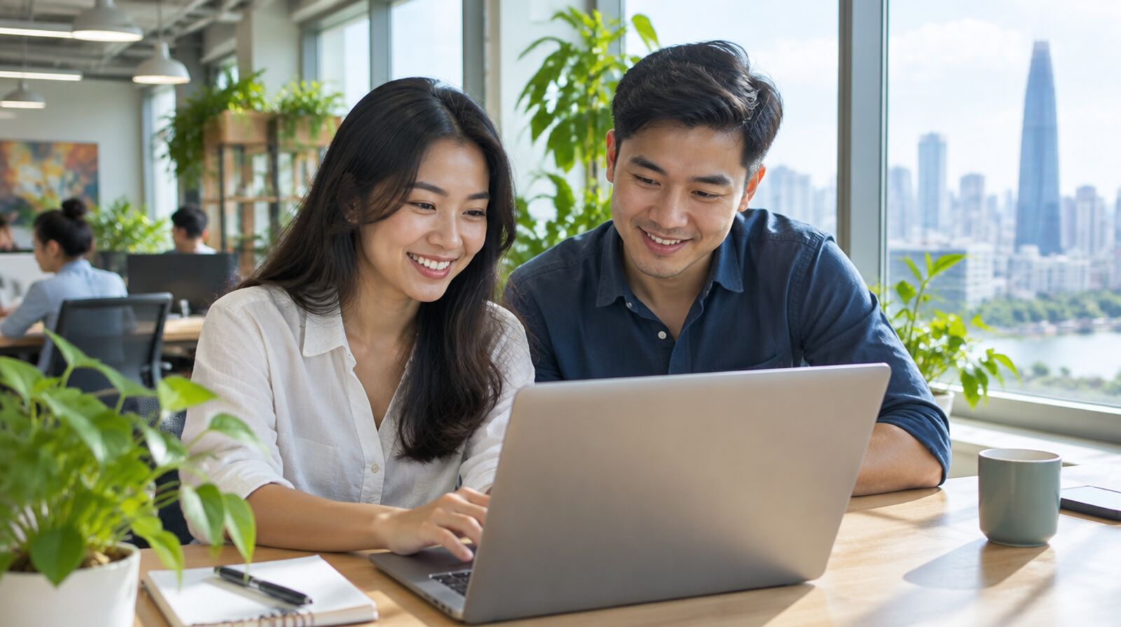 Hai người đi làm cùng xem màn hình máy tính trong văn phòng