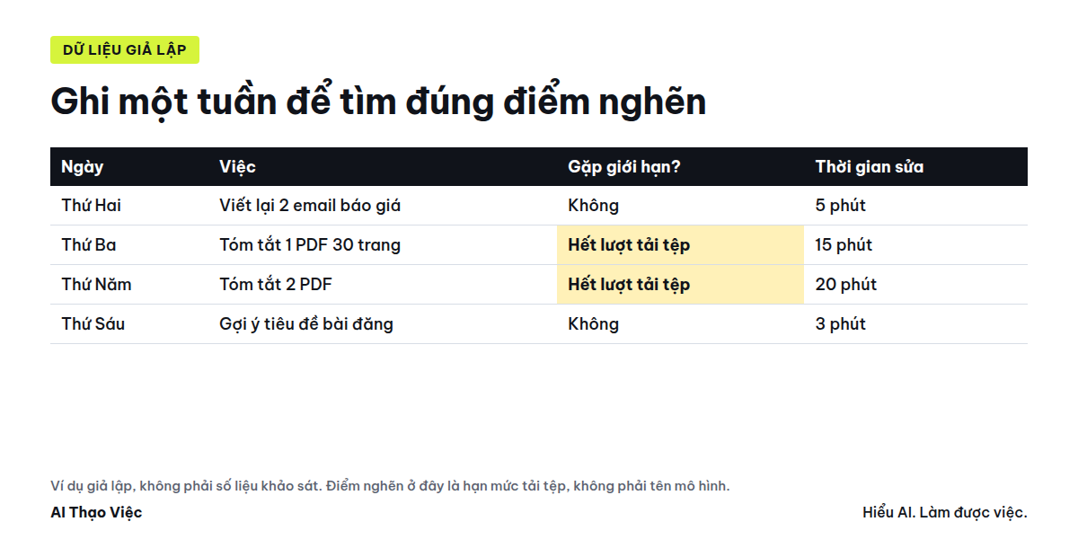Bảng giả lập ghi một tuần dùng AI để tìm đúng điểm nghẽn trước khi mua gói