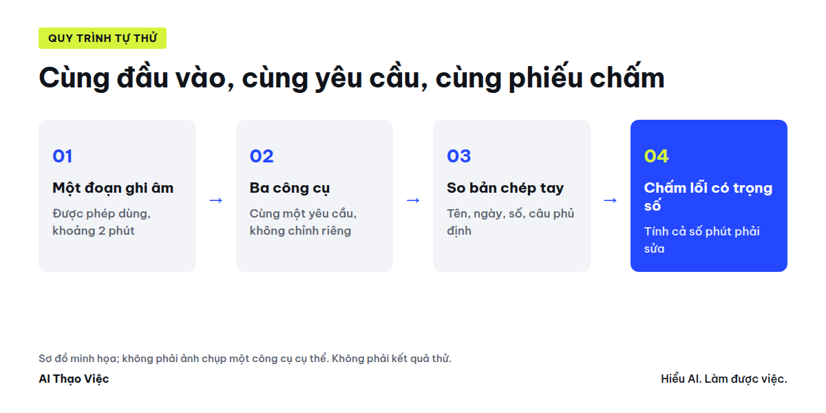 Sơ đồ phép thử: cùng một đoạn ghi âm, ba công cụ, so với bản chép tay và chấm lỗi