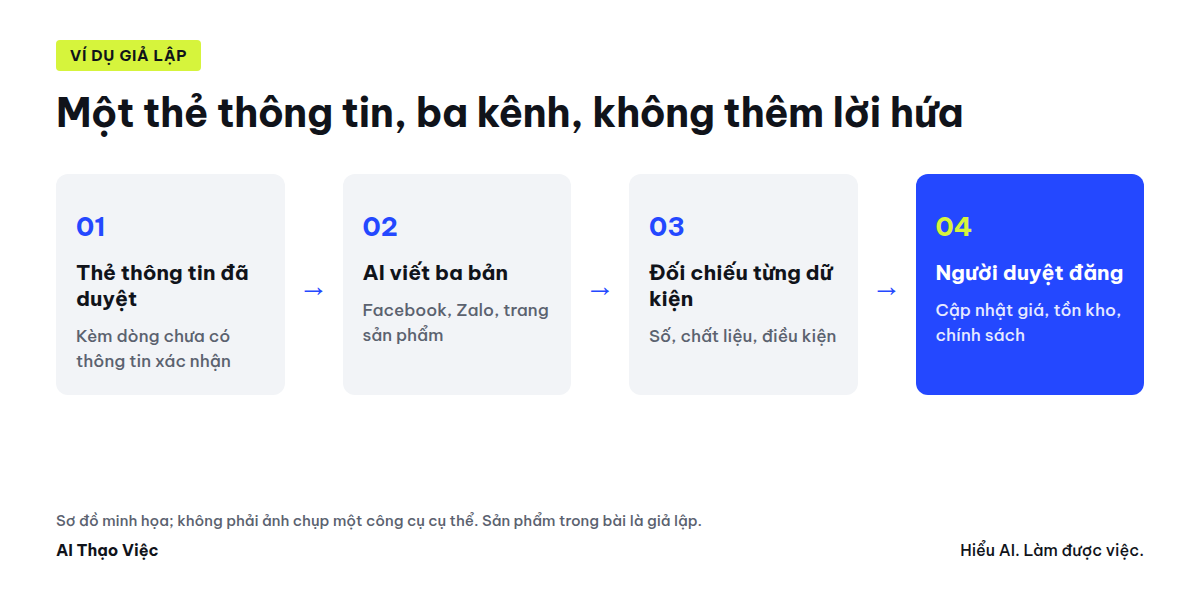 Sơ đồ: thẻ thông tin đã duyệt đi qua AI thành ba bản cho ba kênh, rồi người phụ trách đối chiếu từng dữ kiện