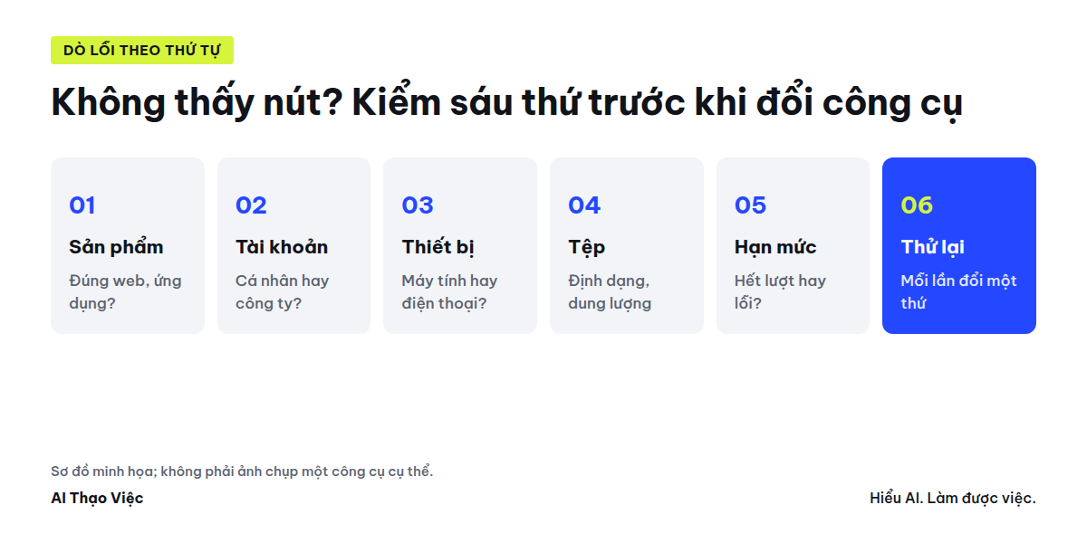 Sơ đồ sáu bước dò lỗi: sản phẩm, tài khoản, thiết bị, tệp, hạn mức, thử lại