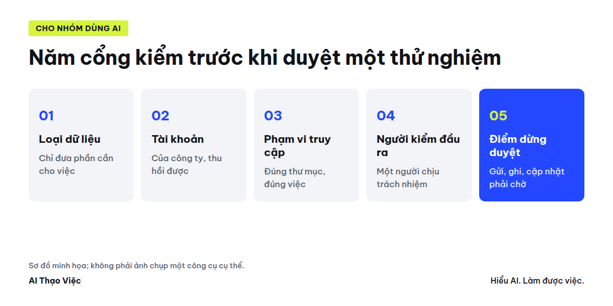Sơ đồ năm cổng kiểm: loại dữ liệu, tài khoản, phạm vi truy cập, người kiểm đầu ra, điểm dừng phê duyệt