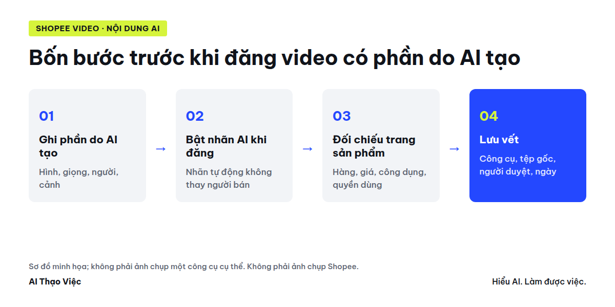 Sơ đồ bốn bước trước khi đăng Shopee Video có phần do AI tạo: ghi phần do AI tạo, bật nhãn, đối chiếu trang sản phẩm, lưu vết