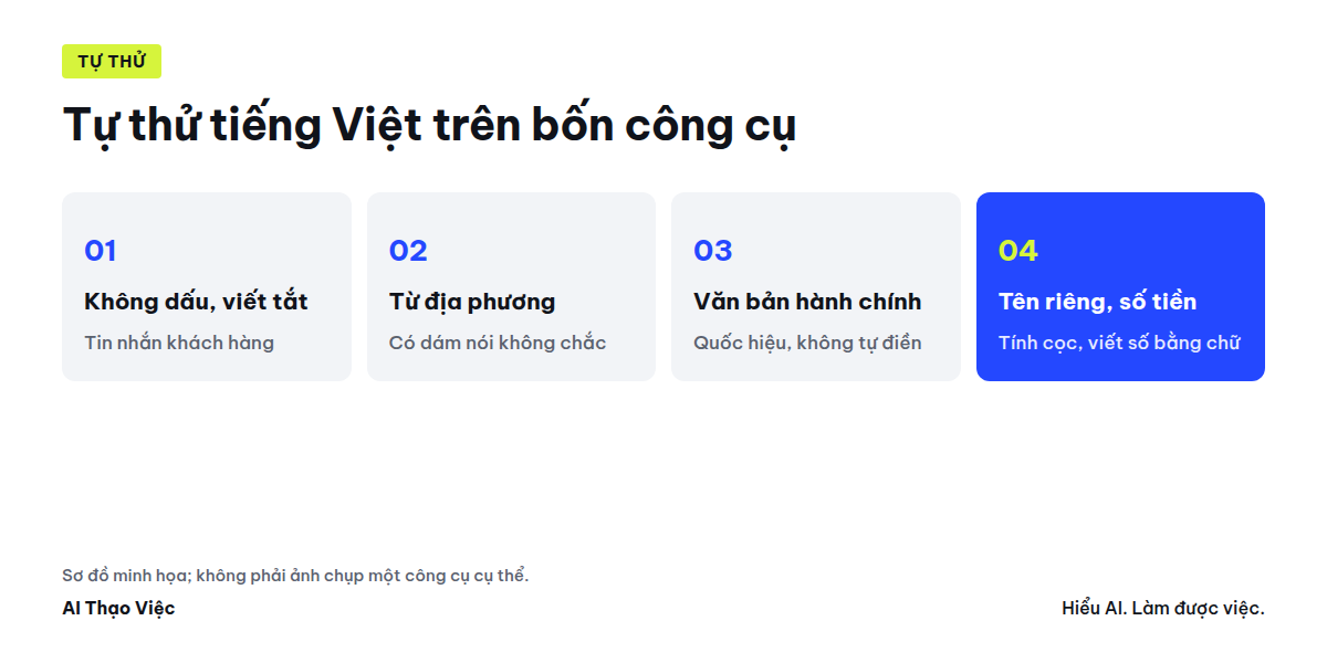 Sơ đồ tự thử tiếng Việt trên bốn công cụ: chọn bài thử, chạy cùng yêu cầu, chấm, chọn
