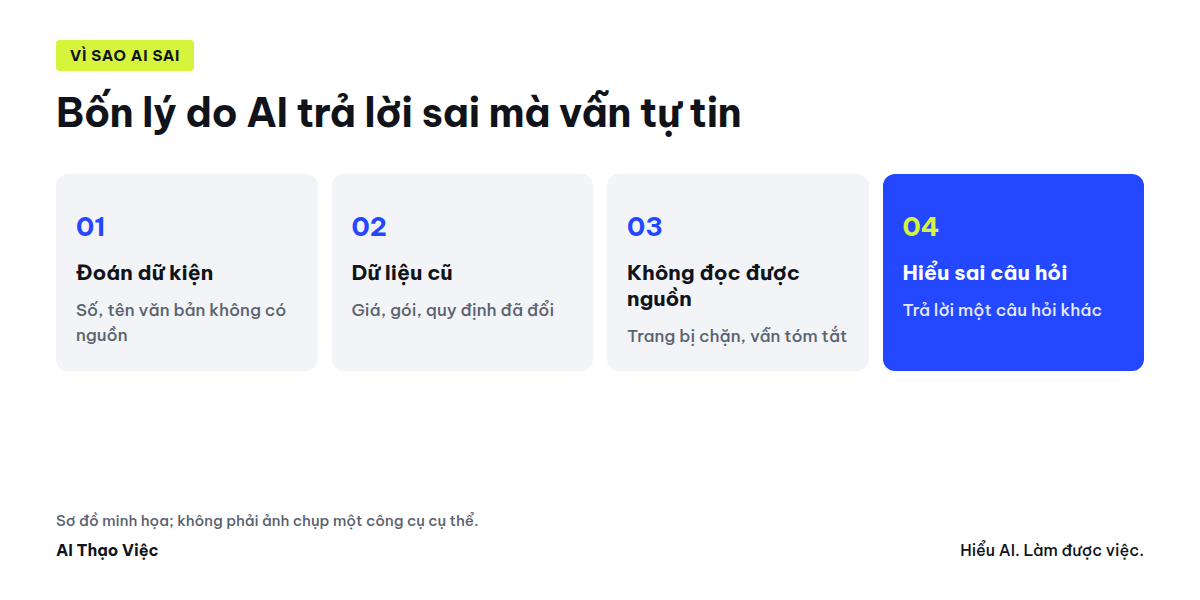 Sơ đồ bốn lý do AI trả lời sai mà vẫn tự tin