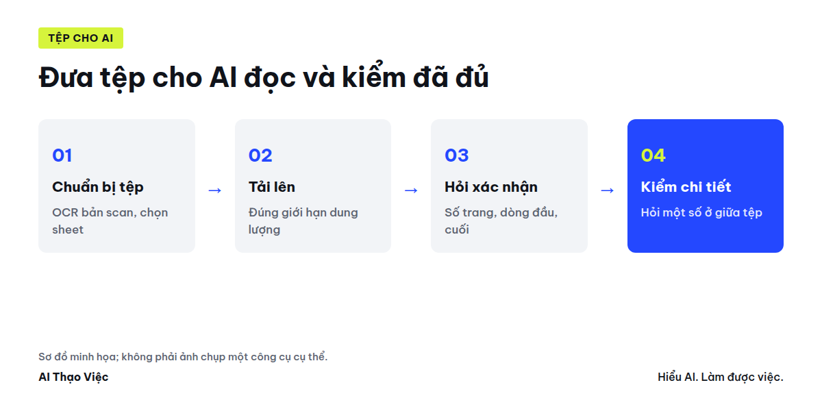 Sơ đồ đưa tệp cho AI đọc: chọn tệp, tải lên, hỏi, kiểm đã đọc đủ