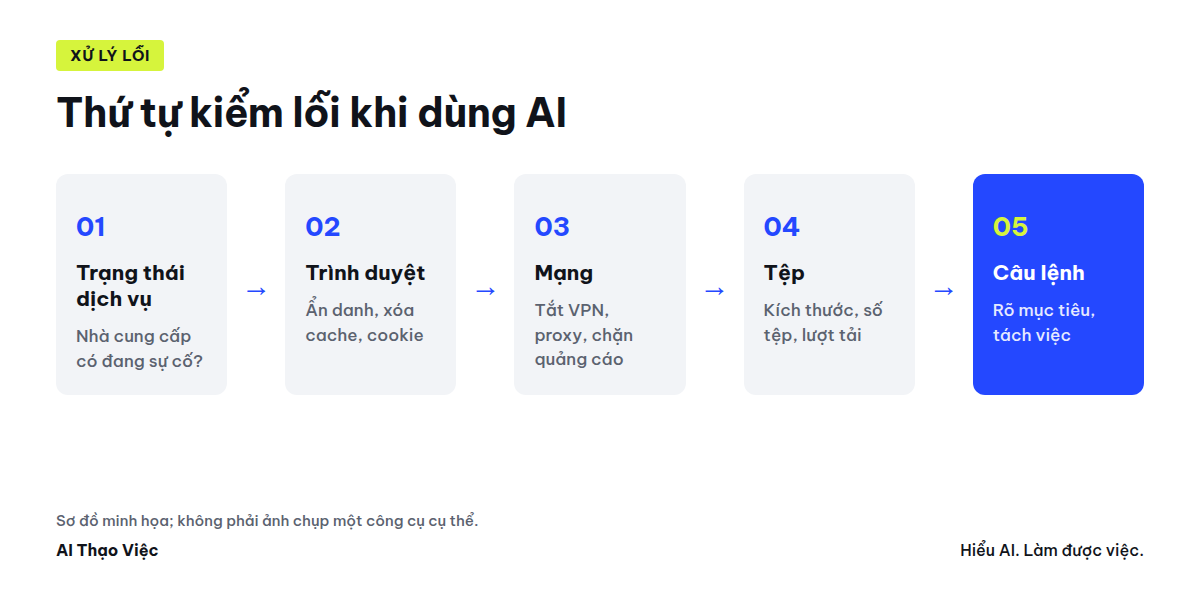 Sơ đồ thứ tự kiểm lỗi khi dùng AI: trạng thái dịch vụ, trình duyệt, mạng, tệp, câu lệnh