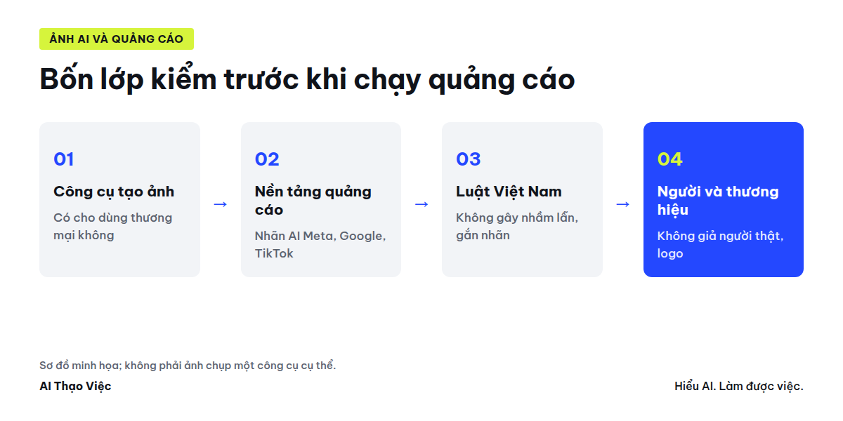 Sơ đồ bốn lớp kiểm trước khi dùng ảnh AI cho quảng cáo