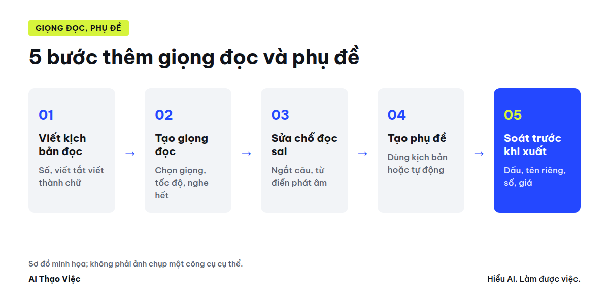 Sơ đồ quy trình 5 bước thêm giọng đọc và phụ đề tiếng Việt cho video