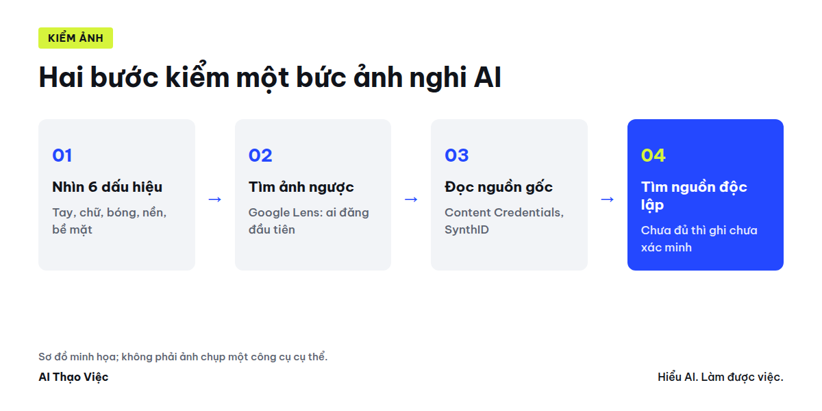 Sơ đồ hai bước kiểm ảnh: nhìn 6 dấu hiệu rồi tra nguồn gốc bằng công cụ