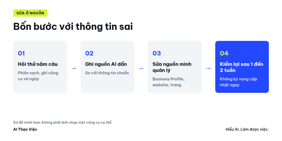 Sơ đồ bốn bước tìm và sửa thông tin sai AI nói về cửa hàng