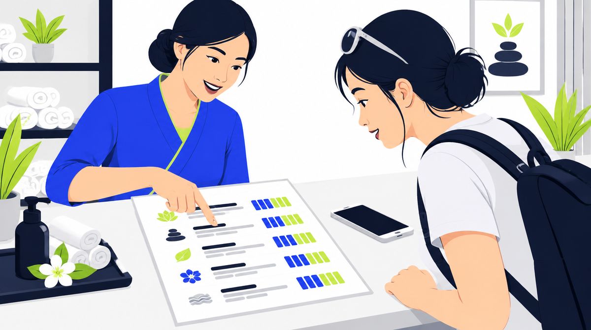 Nhân viên chỉ tay vào bảng giá in sẵn trên quầy cho khách nước ngoài xem