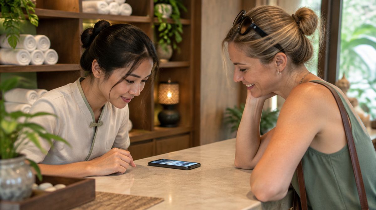 Nhân viên spa và khách nước ngoài cùng nhìn một điện thoại đặt nằm giữa quầy lễ tân