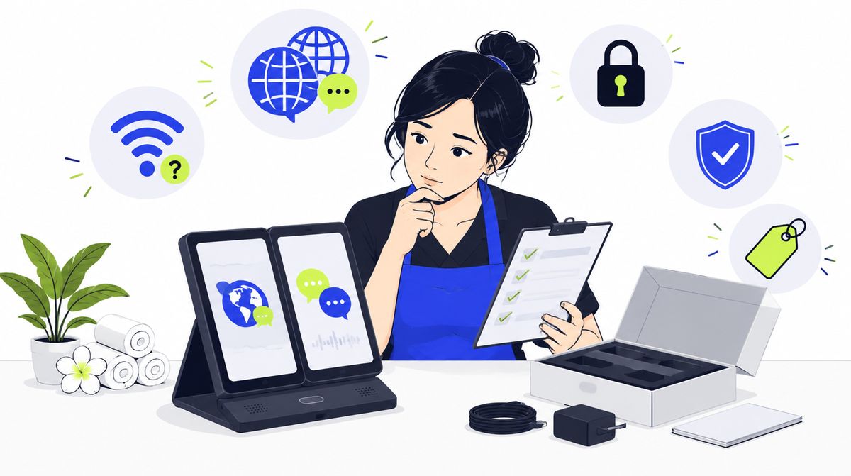 Chủ tiệm cầm danh sách kiểm, xem một máy phiên dịch hai màn hình không nhãn hiệu bên cạnh hộp máy; quanh đó là biểu tượng Wi-Fi, ngôn ngữ, bảo mật, bảo hành và giá