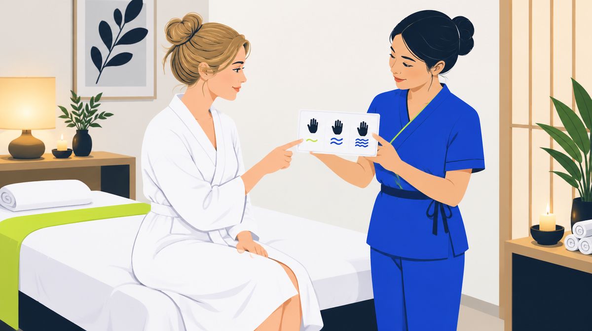 Trong phòng massage, nhân viên đưa thẻ hình lực tay nhẹ, vừa, mạnh để khách chỉ chọn