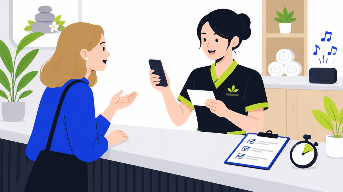 Hai nhân viên spa đóng vai tại quầy: một người cầm điện thoại và phiếu câu mẫu, loa phát nhạc nền, trên quầy có danh sách kiểm và đồng hồ bấm giờ