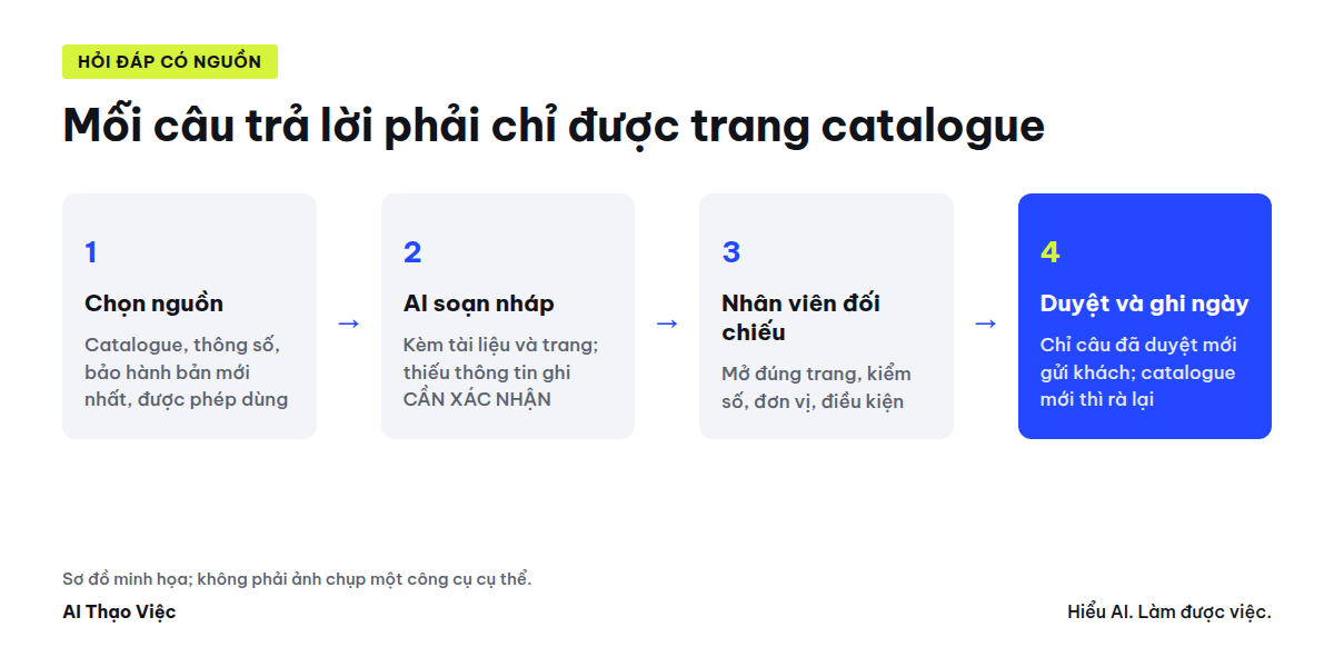 Luồng hỏi đáp từ catalogue: tài liệu nguồn, AI soạn nháp kèm trang, nhân viên đối chiếu, duyệt và ghi ngày