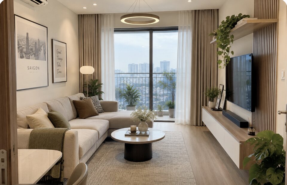 Ảnh phòng khách AI dùng để kiểm: phòng rộng, cửa kính giữa tường, sofa chữ L