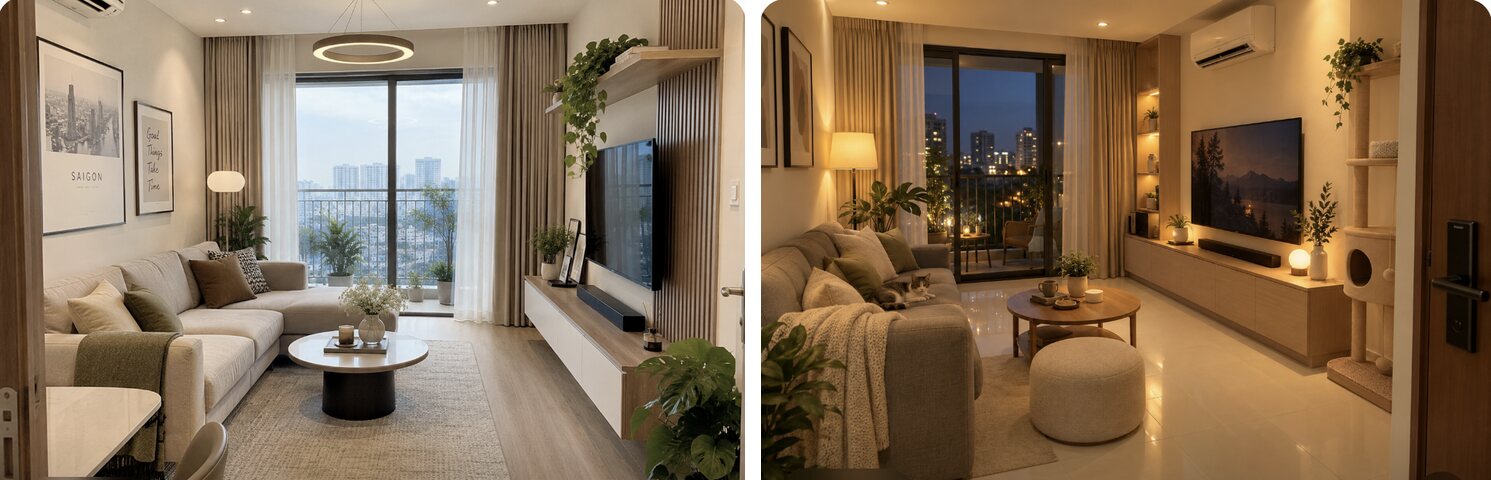 Trái: ảnh từ câu “đẹp và hiện đại”. Phải: ảnh từ yêu cầu đủ dữ kiện