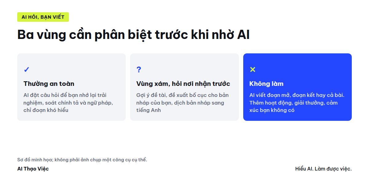Ba vùng khi dùng AI cho bài luận: thường an toàn, vùng xám, không làm