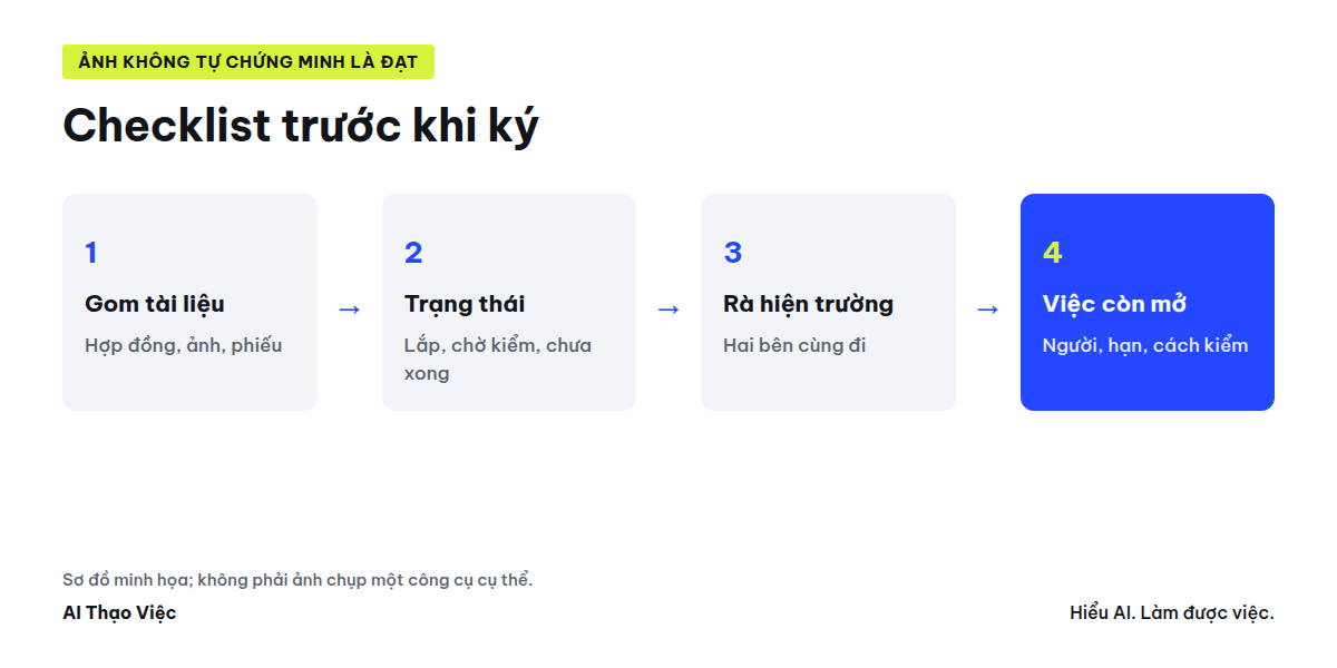 Hạng mục, bằng chứng, trạng thái, tài liệu thiếu, ký khi rà hiện trường