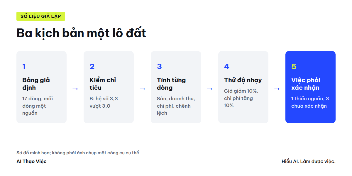 Năm bước so ba kịch bản của một lô đất, từ bảng giả định có nguồn đến việc phải xác nhận