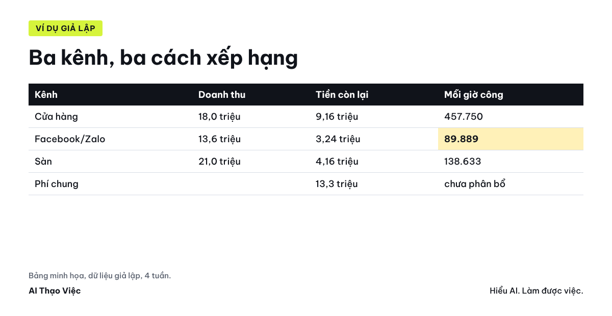 Ba kênh cùng kỳ: doanh thu, tiền còn lại và tiền còn lại mỗi giờ công xếp hạng khác nhau