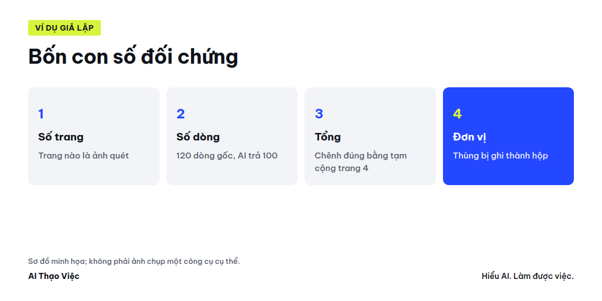 Bốn con số đối chứng: số trang, số dòng, tổng, đơn vị; so trước khi dùng bảng AI