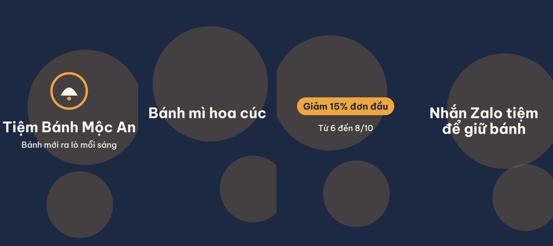 Bốn khung trích từ clip thử: logo và Tiệm Bánh Mộc An, Bánh mì hoa cúc, nhãn Giảm 15% đơn đầu và ngày, lời kêu gọi nhắn Zalo
