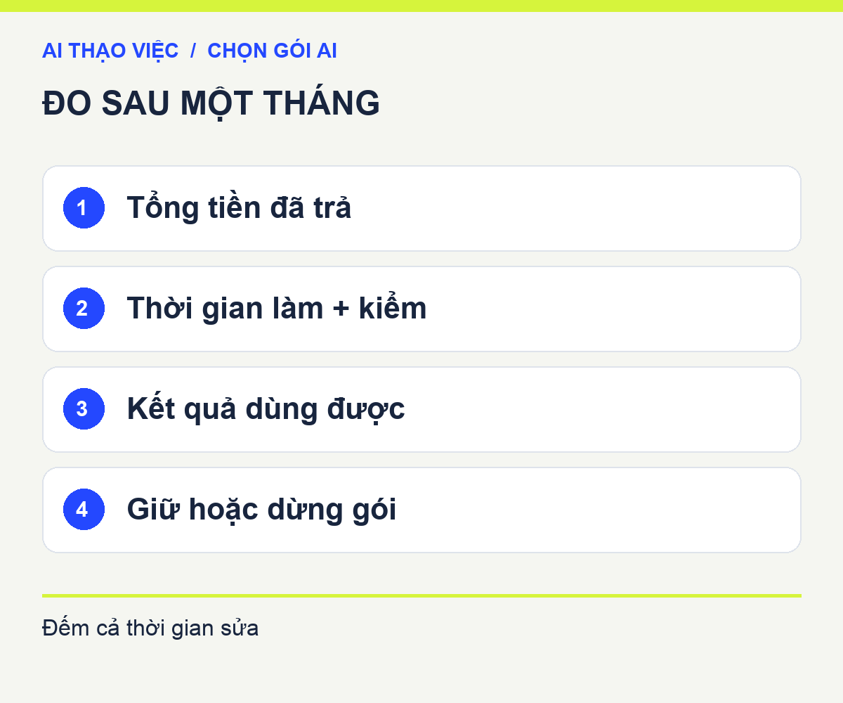 Phiếu đánh giá tháng thử: tổng tiền, thời gian làm và kiểm, số kết quả dùng được, quyết định giữ hoặc dừng