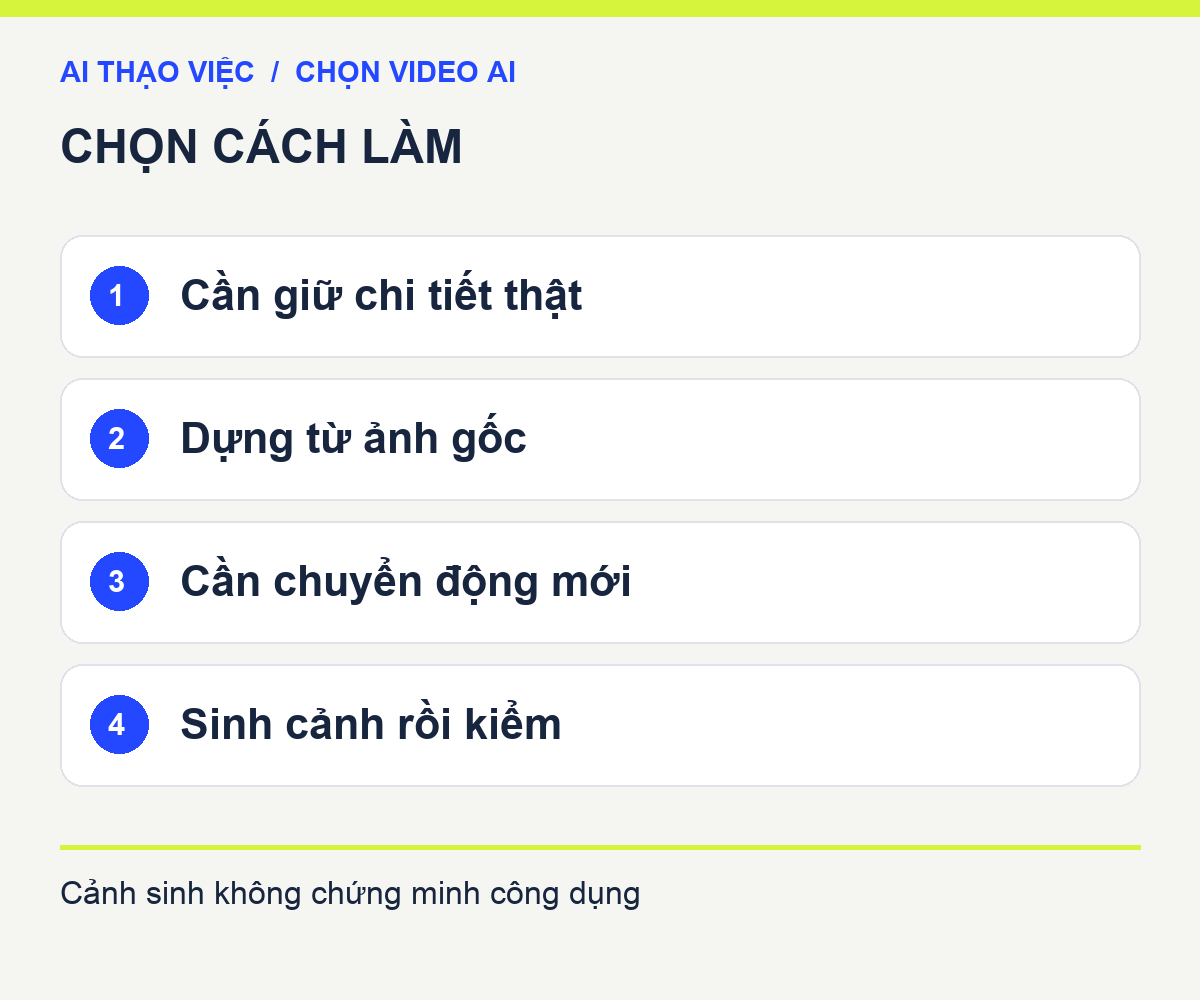 Hai hướng: dựng ảnh gốc khi cần giữ chi tiết; sinh chuyển động khi cần cảnh mới và kiểm từng khung hình