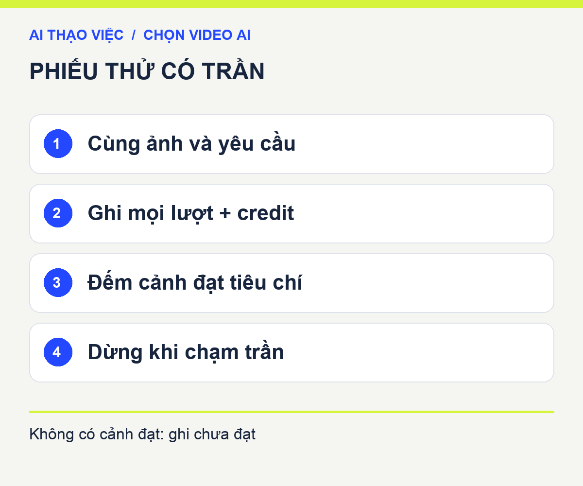 Phiếu chi phí: tổng credit của mọi lượt, số cảnh đạt, thời gian kiểm và quyết định tiếp tục hoặc dừng