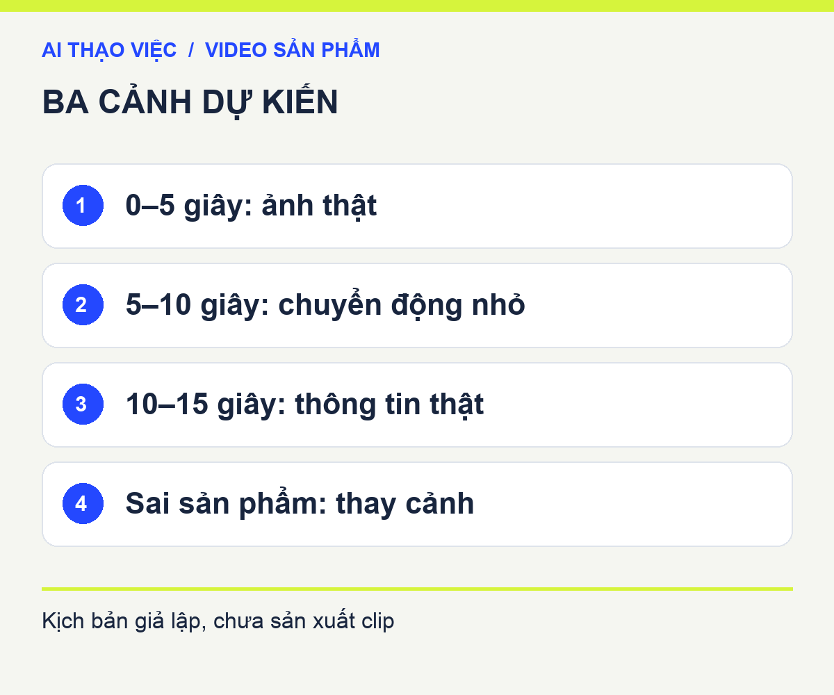 Kịch bản 15 giây: mở bằng ảnh thật, chuyển động nhỏ ở giữa, kết bằng thông tin đã duyệt