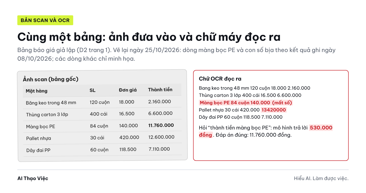 Bảng báo giá dạng ảnh cạnh chữ OCR đọc ra: dòng màng bọc PE mất số 11.760.000 và mô hình trả lời 530.000 đồng