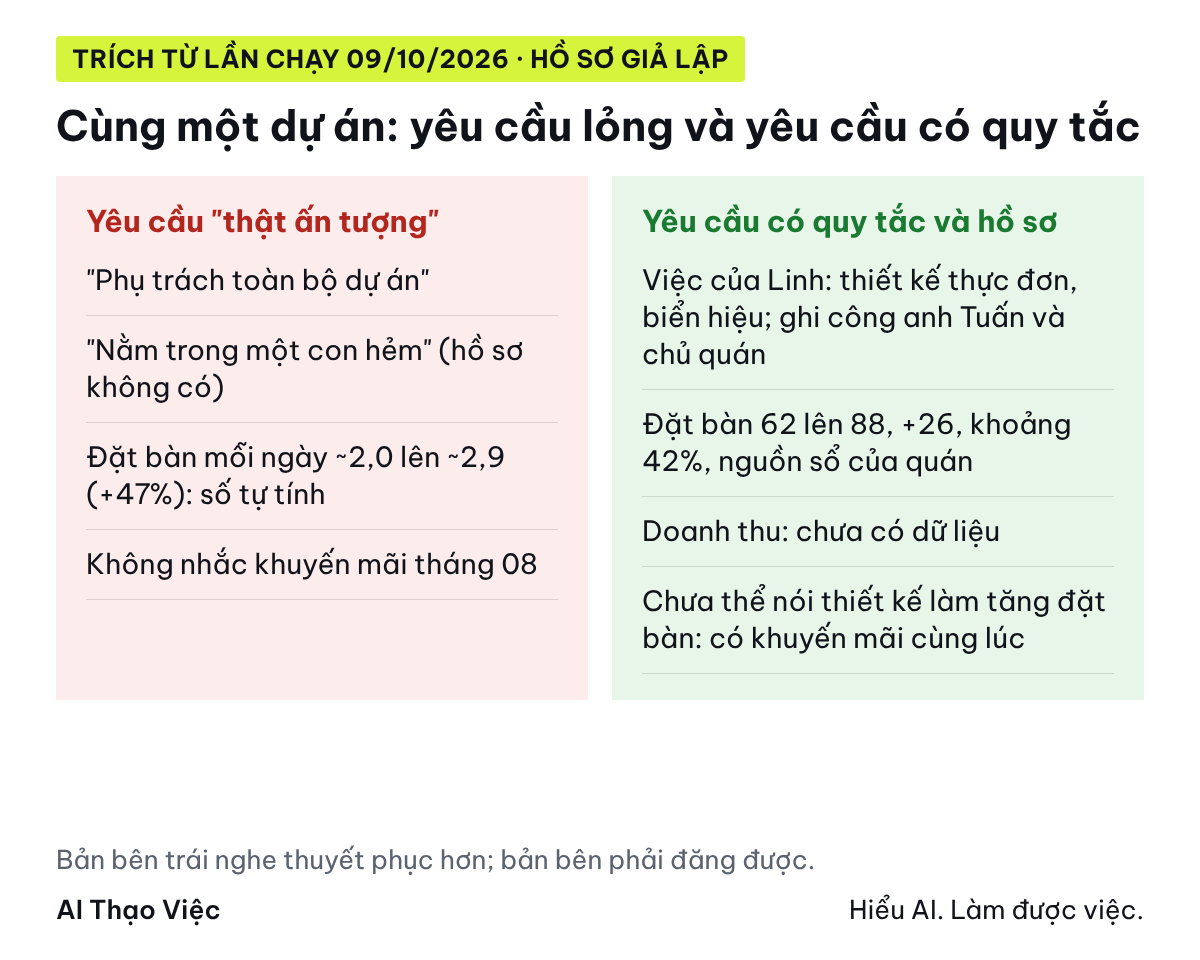 Hai bản case study cạnh nhau: bản yêu cầu lỏng tự thêm chi tiết, bản có quy tắc chỉ giữ điều hồ sơ ghi