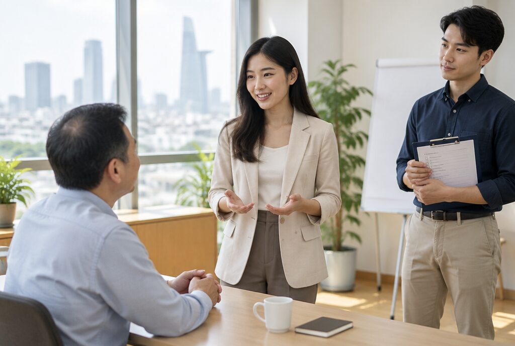 Nhóm ba người luyện: một người giới thiệu bản thân, một người đóng vai khách, một người quan sát cầm phiếu