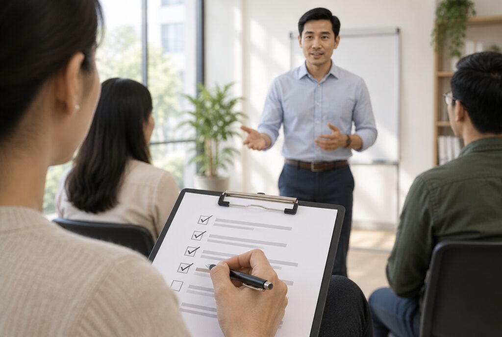 Người quan sát đánh dấu phiếu Thấy/Chưa thấy trong khi một học viên trình bày