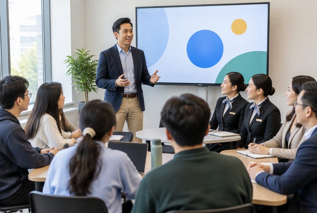 Một buổi học có sinh viên, lễ tân và trưởng nhóm kinh doanh ngồi cùng lớp