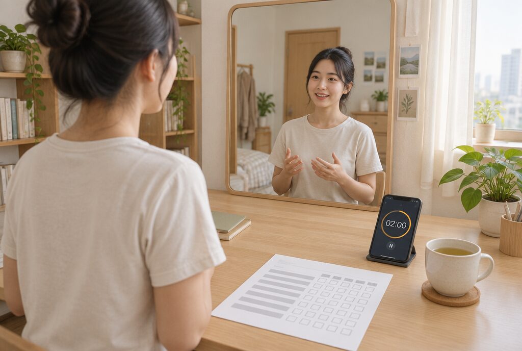 Học viên tự luyện giới thiệu bản thân trước gương ở nhà, phiếu luyện 7 ngày và đồng hồ hẹn giờ trên bàn