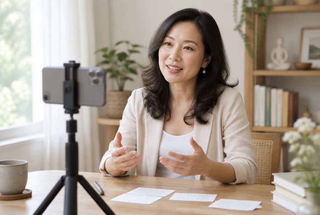 Người dạy kỹ năng tự quay video dọc ngắn bằng điện thoại đặt trên chân máy, có thẻ ghi ý trên bàn