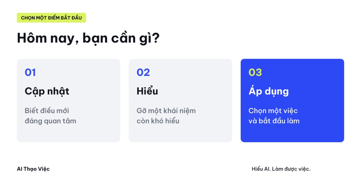 Chọn đọc cập nhật, hiểu khái niệm hoặc áp dụng một việc, tùy nhu cầu hiện tại.