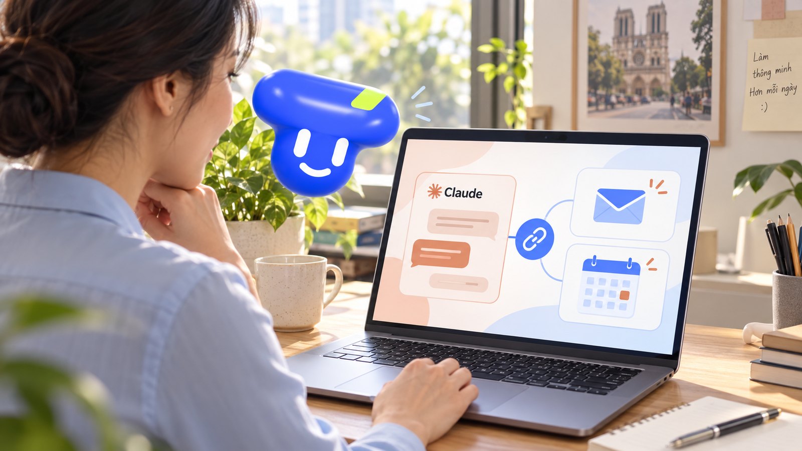 Người đi làm Việt Nam cùng Thạo xem sơ đồ kết nối Claude với email và lịch trên laptop.