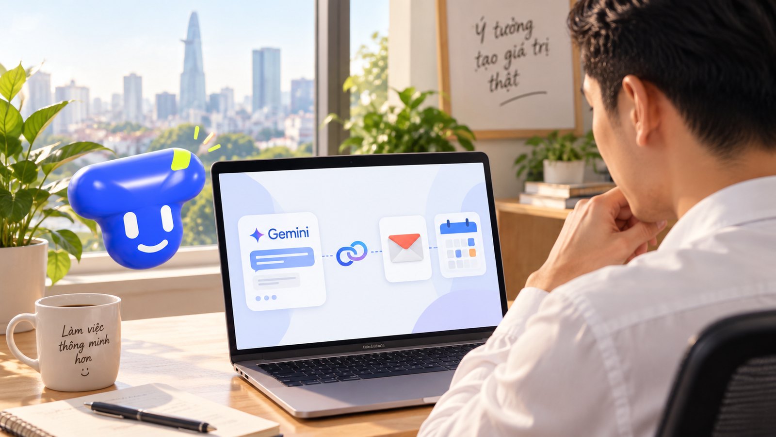 Người đi làm Việt Nam cùng Thạo xem sơ đồ kết nối Gemini với email và lịch trên laptop.