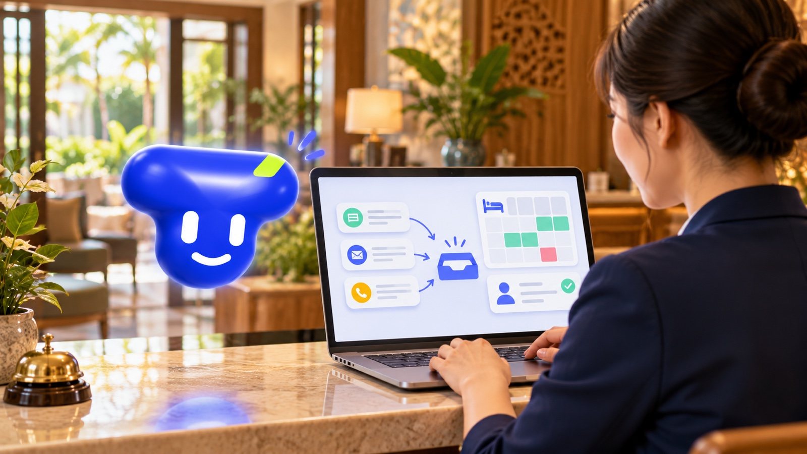 Nhân viên lễ tân xem hội thoại trên máy tính, bên cạnh trợ lý Thạo màu xanh cobalt trong không gian khách sạn.