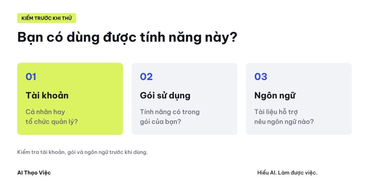 Kiểm tài khoản, gói sử dụng và ngôn ngữ trong tài liệu hỗ trợ trước khi thử một tính năng Workspace.