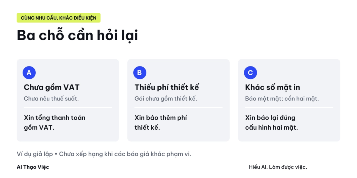 Báo giá A cần tổng gồm VAT; B cần bổ sung phí thiết kế; C cần báo lại cấu hình in hai mặt đúng yêu cầu.