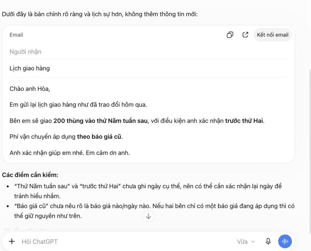 Kết quả ChatGPT trả về: email đã tách ý, giữ nguyên số lượng, ngày và điều kiện; kèm hai điểm cần kiểm