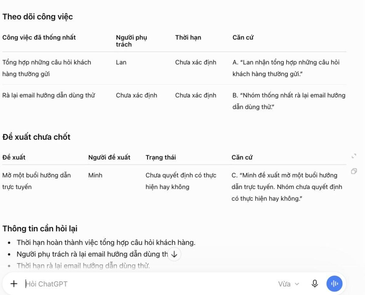 Kết quả ChatGPT trả về: bảng hai việc đã thống nhất, mục đề xuất chưa chốt và danh sách cần hỏi lại