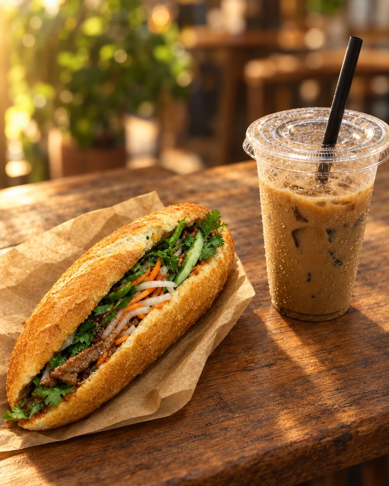 Sau khi AI chỉnh: bánh mì và cà phê sữa đá trên bàn gỗ, ánh nắng vàng ấm, nền quán mờ